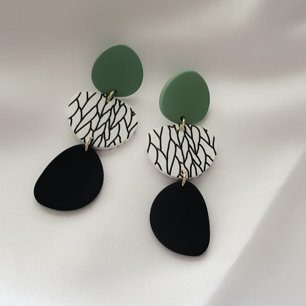 5/$25 Green and Black Acrylic Geometric Statement Earrings - Picture 8 of 10